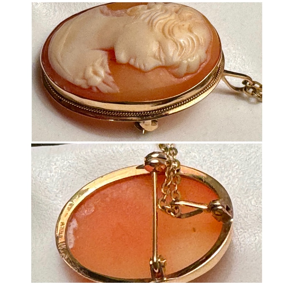 Vintage Italian 14K Gold Cameo Pendant Necklace or Brooch /Gold Chain Necklace - Picture 6 of 12